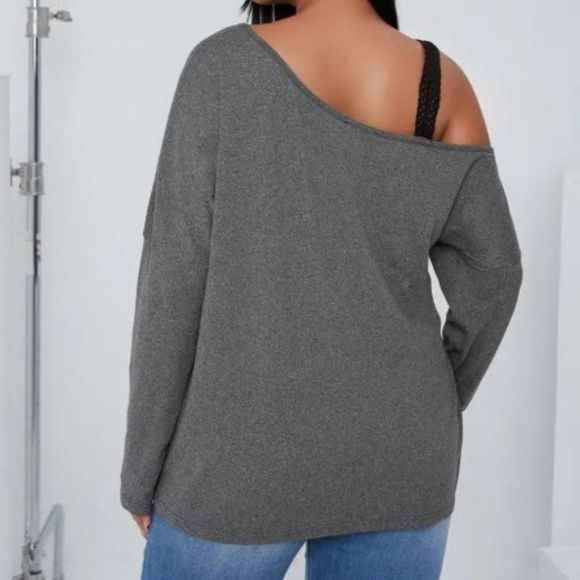 Gray Women's Plus Size Asymmetrical-Neck Cold Shoulder T-Shirt - Picture 2 of 11